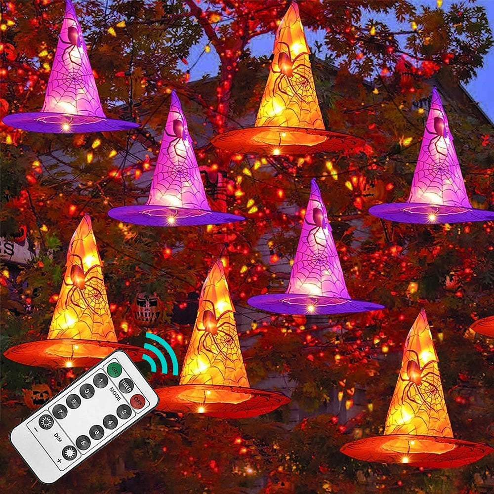 Front view of FUNPENY Halloween Witch Hat Lights with string lights