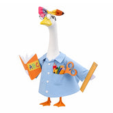 Front view of GJL Back to School Porch Goose Outfit with blue blouse and glasses