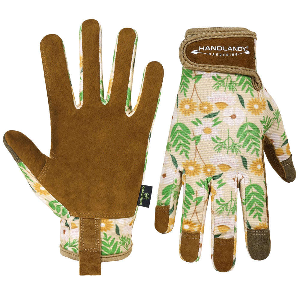Front view of HANDLANDY gardening gloves in caramel colour
