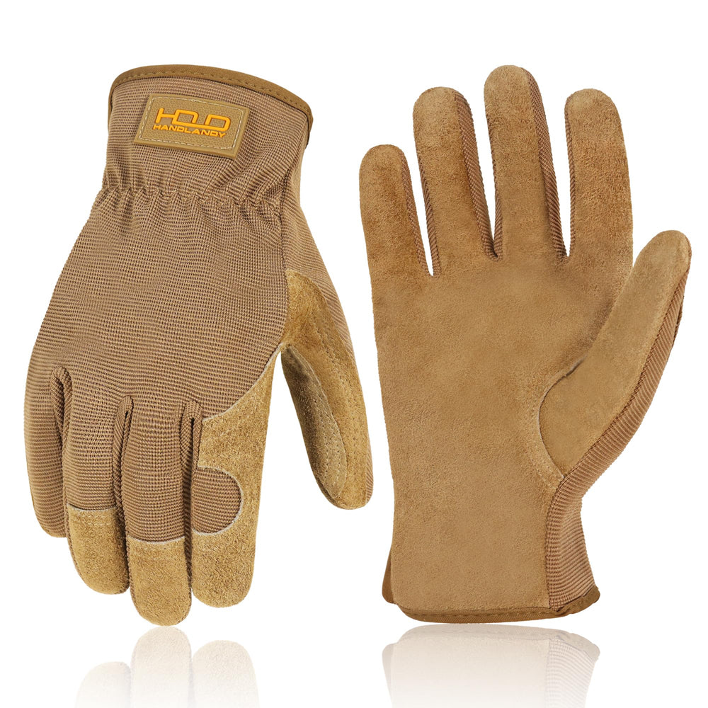 Front view of HANDLANDY Leather Gardening Gloves in Khaki