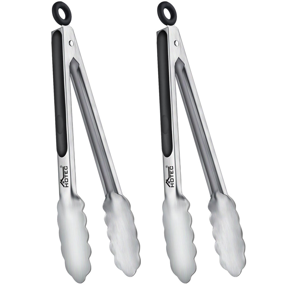 Front view of HOTEC 9 inch stainless steel tongs set