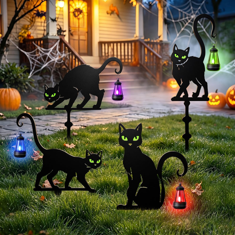 Front view of inihpocv Halloween Black Cat Garden Stakes with solar lights