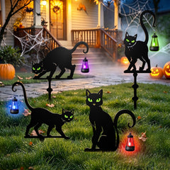 Front view of inihpocv Halloween Black Cat Garden Stakes with solar lights