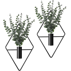 Front view of Jexine black geometric hanging planter with eucalyptus