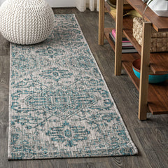 Front view of JONATHAN Y Boho Medallion Runner Rug 2'2"x10' in teal and gray