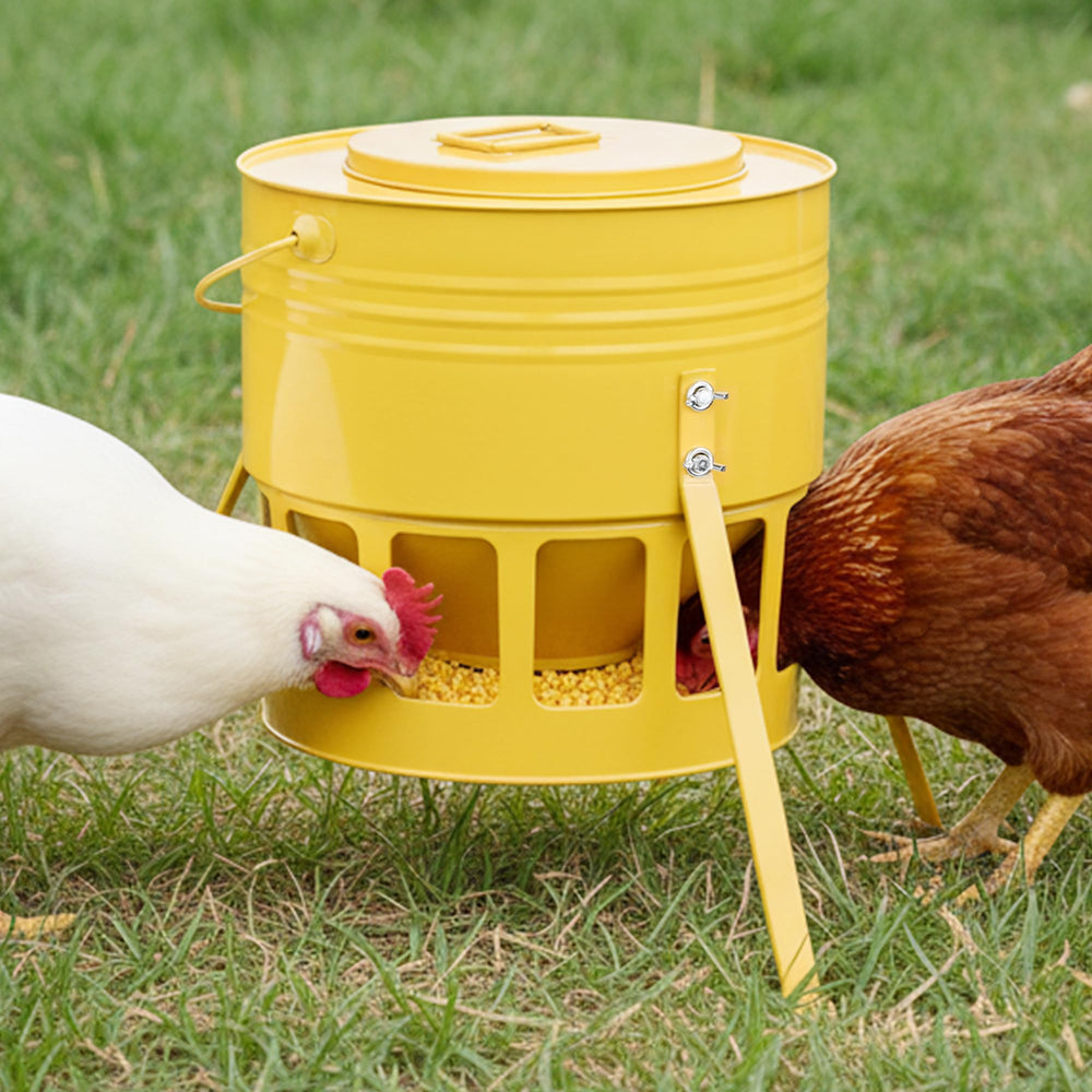 Front view of KOL Metal Chicken Feeder with 20lbs capacity in yellow