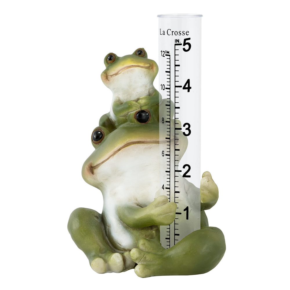 Front view of La Crosse Frog Rain Gauge with clear acrylic collector