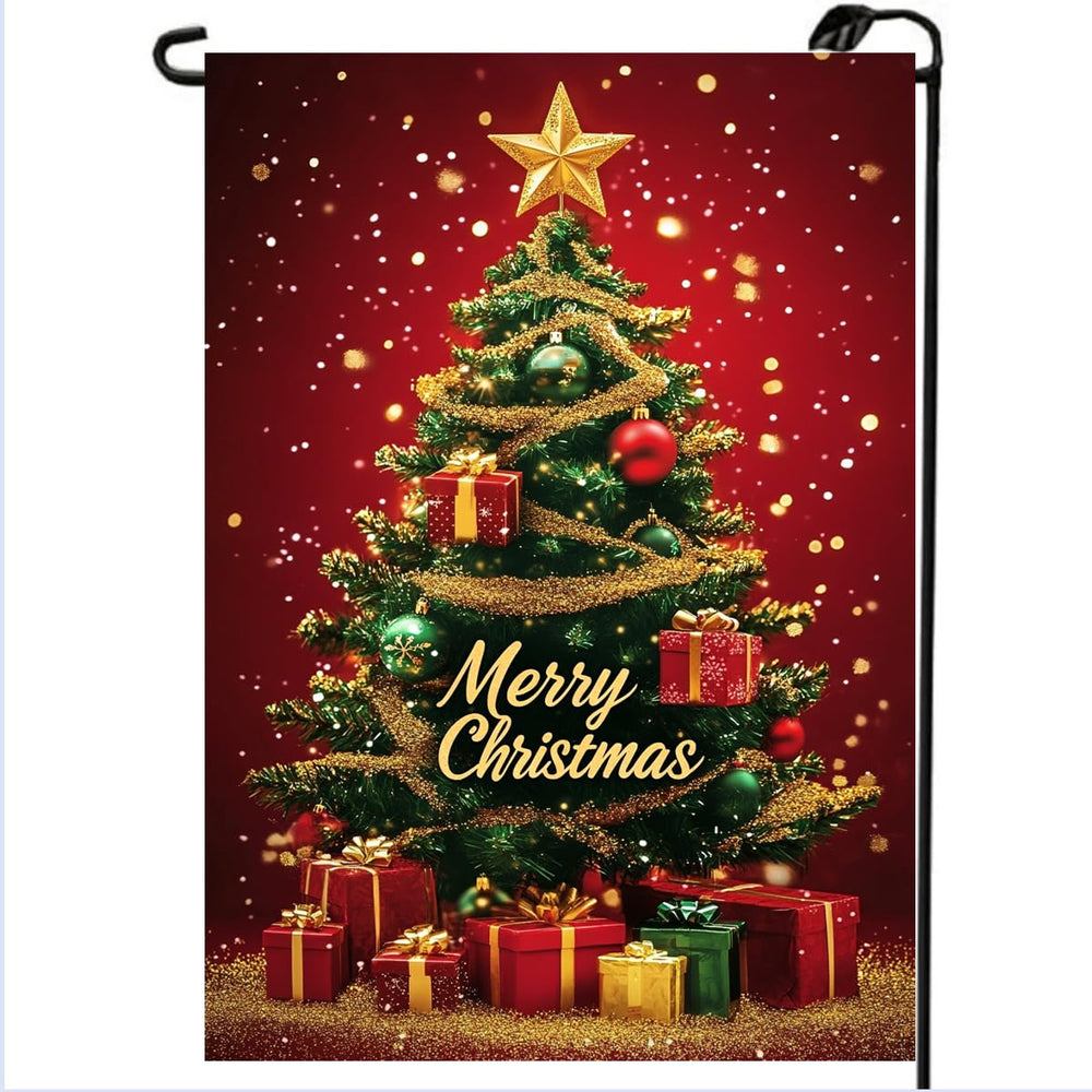 Front view of LienzoFest Merry Christmas Garden Flag 12x18 with Christmas tree design