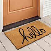 Front view of LuxUrux Hello Door Mat 17" x 30" in walnut colour