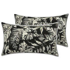 Front view of LVTXIII outdoor lumbar pillow cover in Tropical Leaf Black