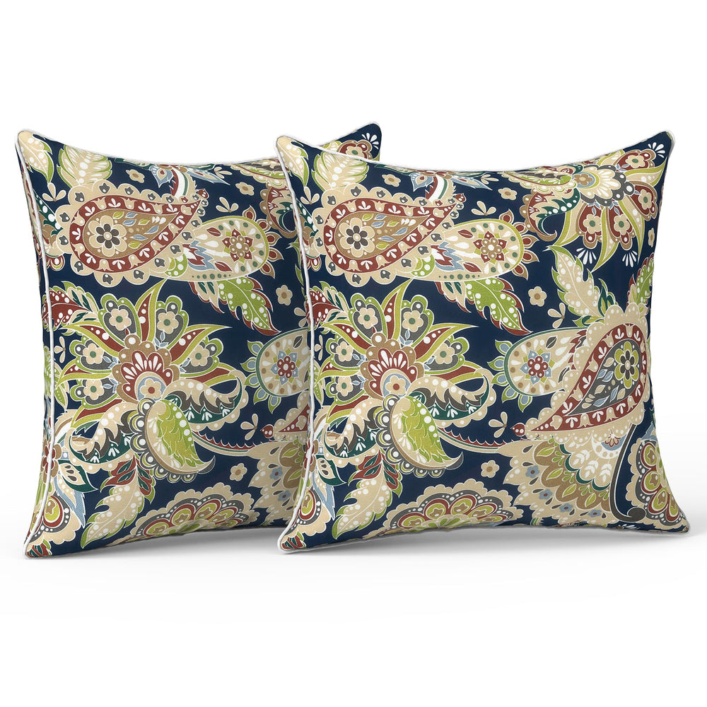 Front view of LVTXIII outdoor throw pillows in Paisley Sapphire Blue
