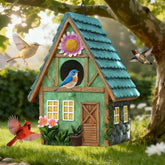 Front view of MINWOLF Cottage-Style Hanging Birdhouse with flower accents