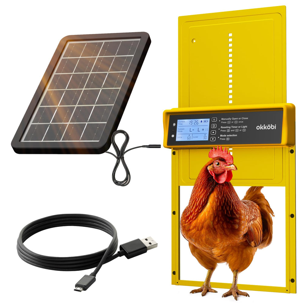 Front view of OKKÖBI Chicken Coop Door with solar panel