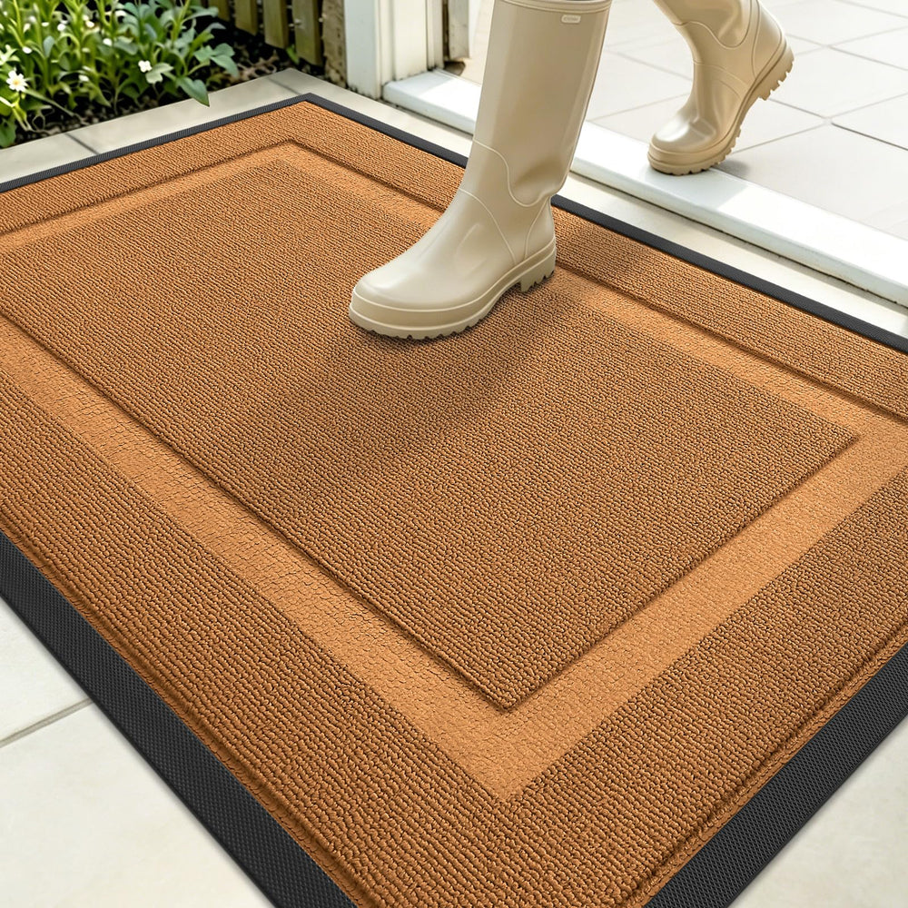 Front view of OLANLY 35x23 heavy-duty door mat in tangerine orange