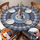 Front view of opstellen fitted round tablecloth in blue purple bohemian design