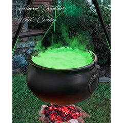 Front view of ORIENTAL CHERRY witches cauldron on tripod with green lights