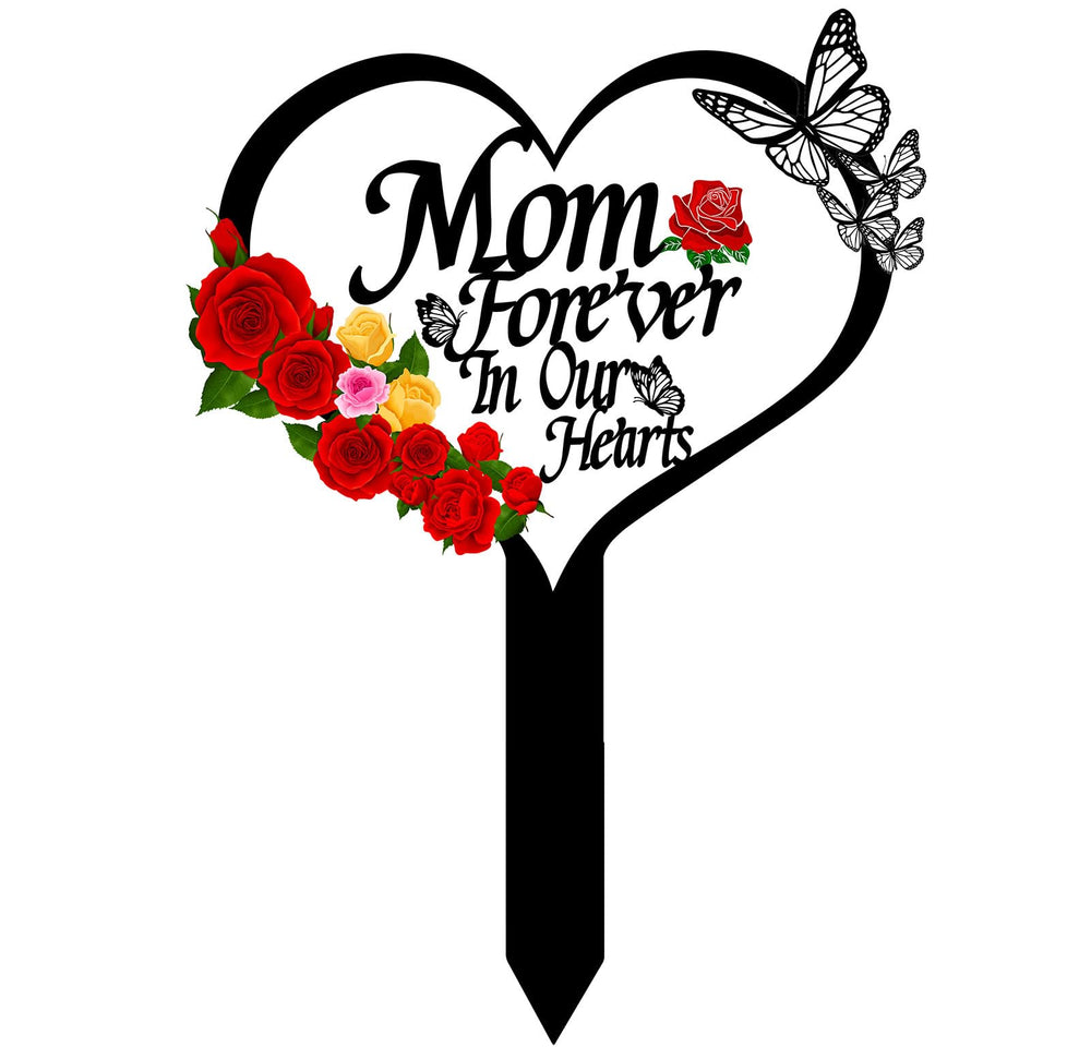 Front view of OZIO Memorial Grave Marker Stake for Mom in heart shape