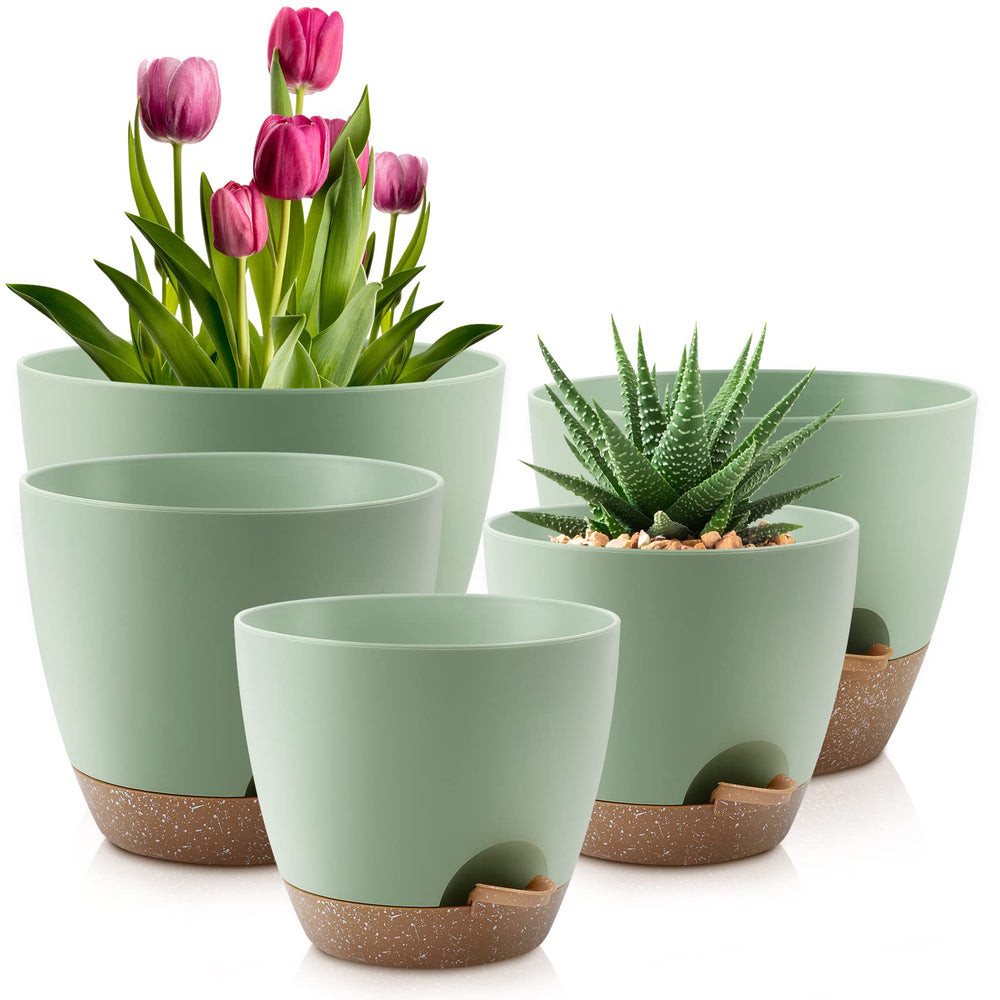 Front view of QRRICA self-watering pots set in green