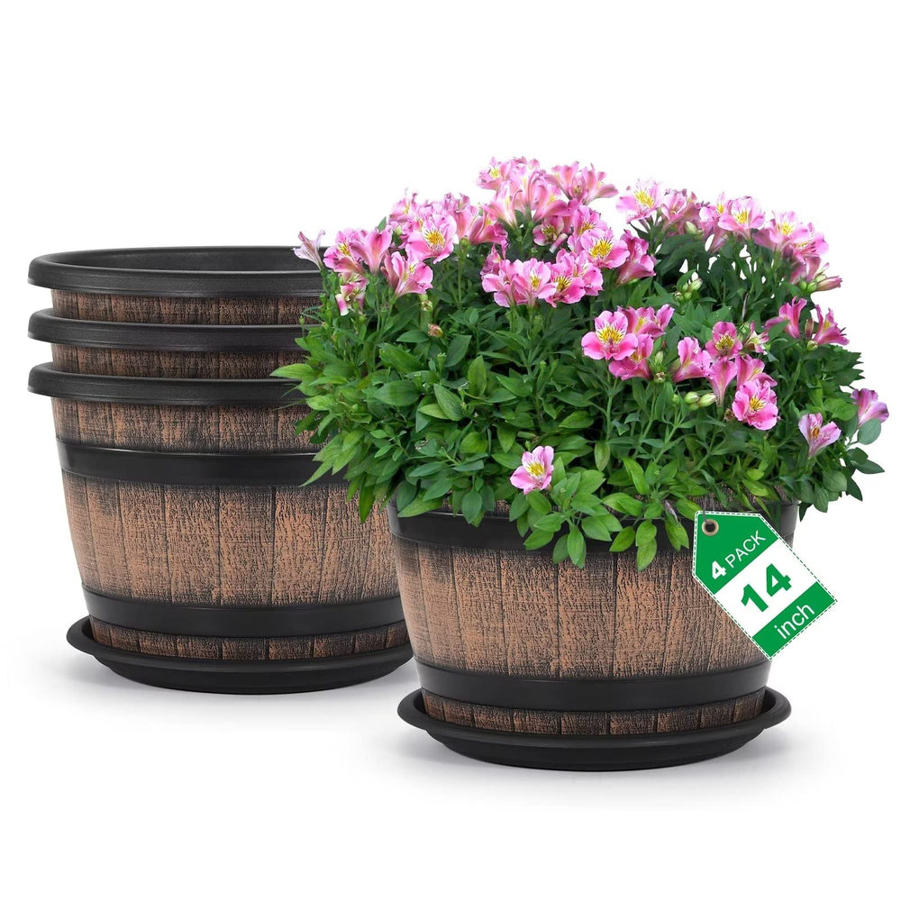 Front view of Quarut 14-inch brown planter pot with saucer