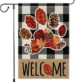 Front view of RMXJKIIU Welcome Paw Print Fall Garden Flag with autumn design