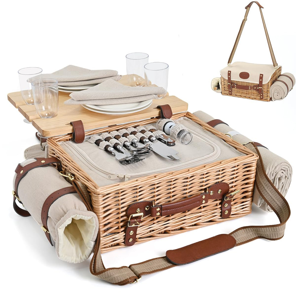Front view of SatisInside wicker picnic basket set with blanket