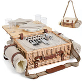 Front view of SatisInside wicker picnic basket set with blanket