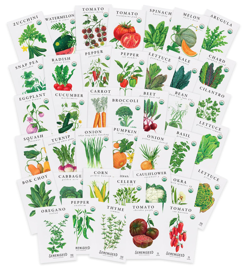 Front view of Sereniseed Organic Vegetable Seeds 40-Pack