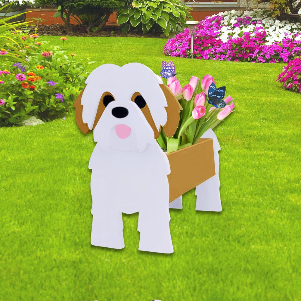 Front view of strolfay Brown Shih Tzu dog planter pot