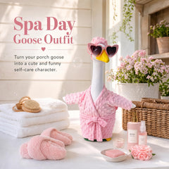 Front view of the pink bathrobe for garden goose