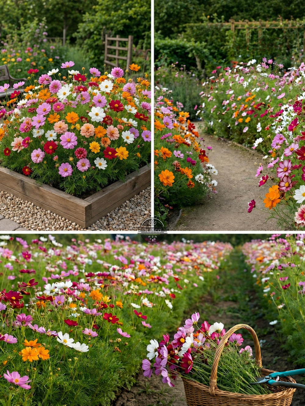 Front view of TLSSCO Cosmos Seeds packet featuring mixed flower colours