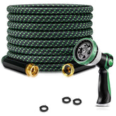 Front view of VERDOW 25FT garden hose with nozzle in green