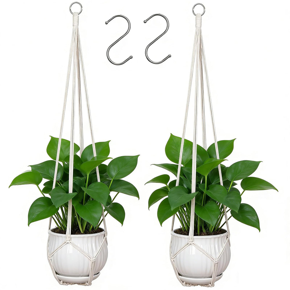 Front view of YIBOT 35-inch macrame plant hanger in ivory