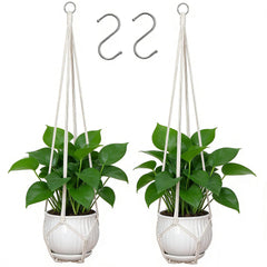 Front view of YIBOT 35-inch macrame plant hanger in ivory