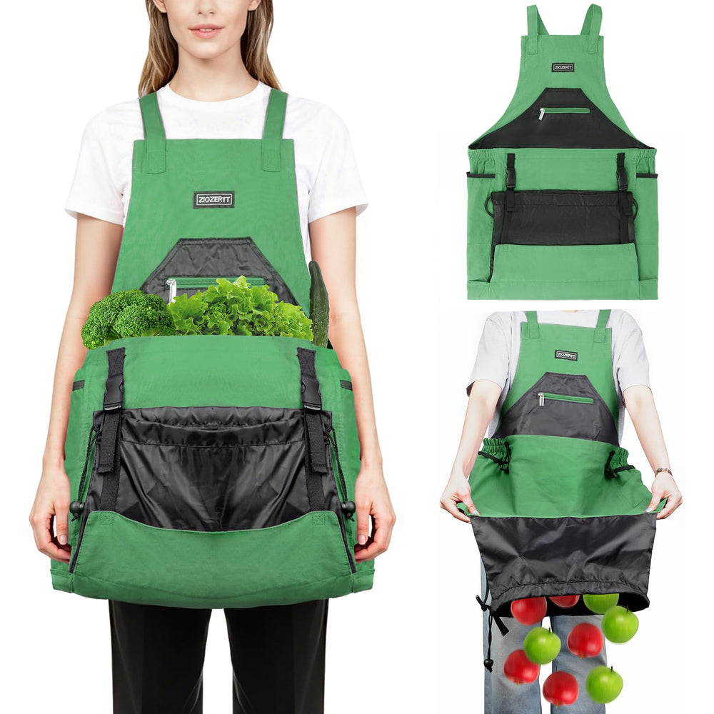 Front view of ZIOZERTT Gardening Apron in green with multiple pockets