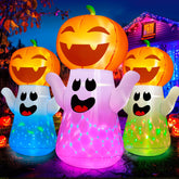 Front view of zukakii 5FT Halloween inflatable pumpkin ghost with LED lights