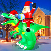 Front view of zukakii 9x7FT Christmas inflatable dinosaur with Santa