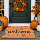 Fttoyoly Fall Welcome Door Mat with pumpkin and maple leaves design front view