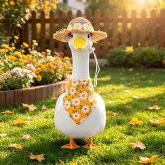 Full view of 23-inch goose wearing daisy outfit