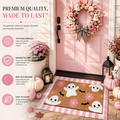 Full view of Drydiet Halloween door mat set on a porch