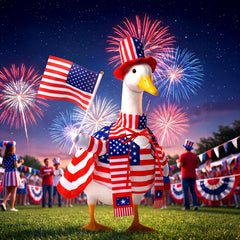 Full view of the 4th of July goose outfit on a lawn statue