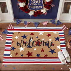 Full view of the 4th of July themed door mat in an entryway