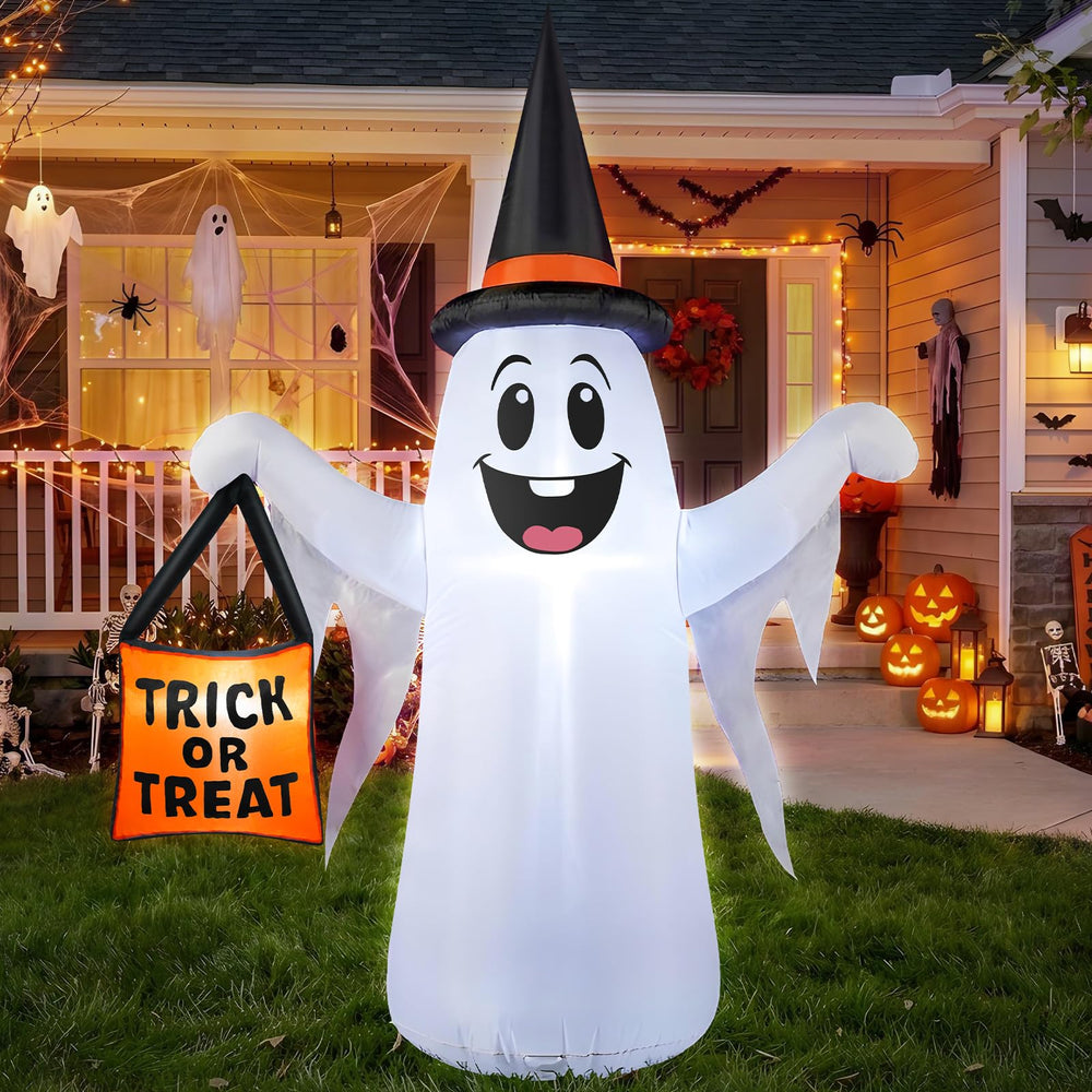 FunFanso 4.5ft inflatable ghost front view with witch hat