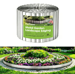 FunFanso Corrugated Garden Edging 6IN x 40FT silver metal border front view