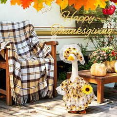 FuWeave Fall Goose Outfit displayed on a porch goose statue