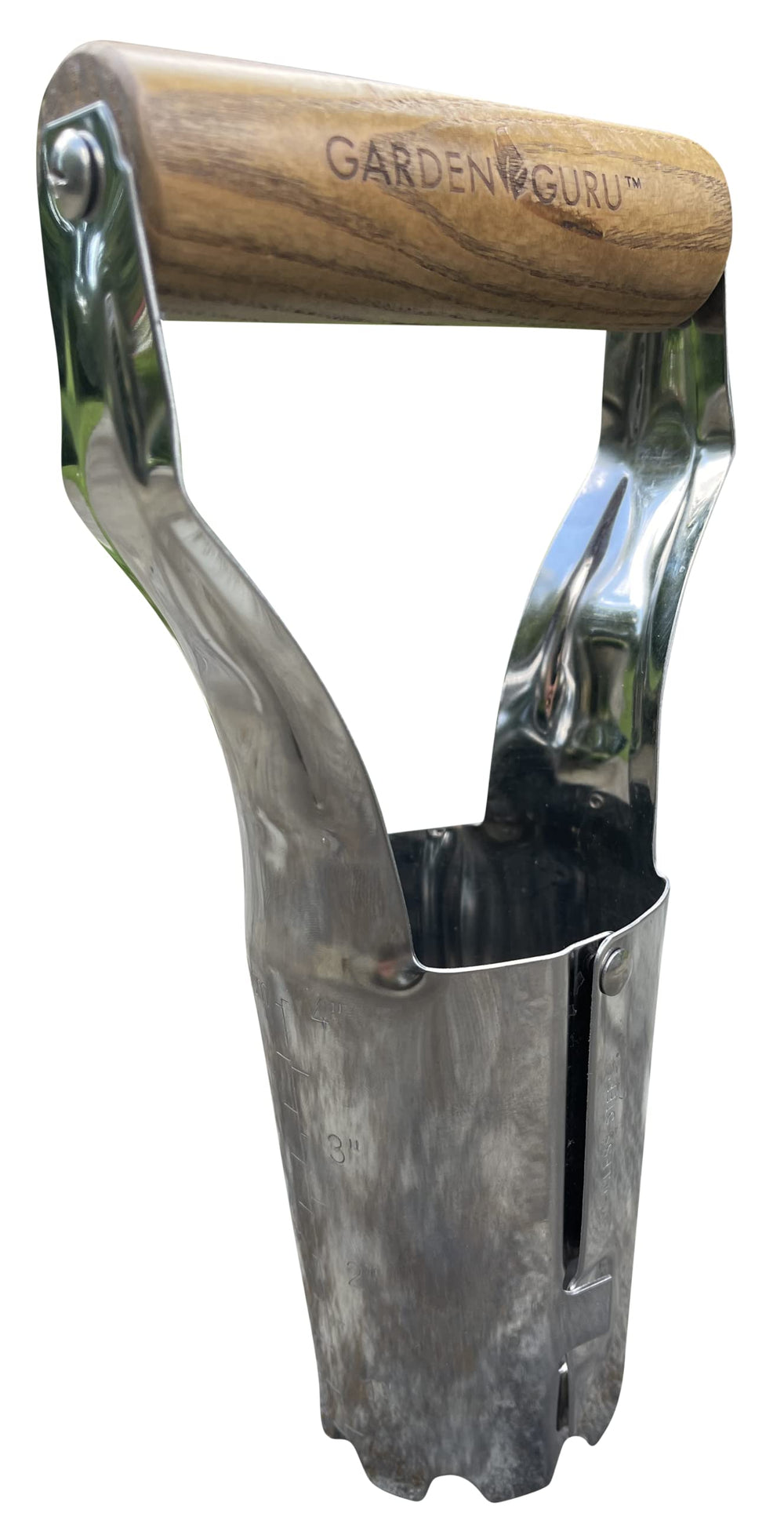 Garden Guru Bulb Planter front view with polished stainless steel and ergonomic handle
