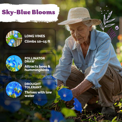 Garden scene with Heavenly Blue Morning Glory vines