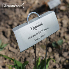 GardenMate plant labels displayed in a garden setting