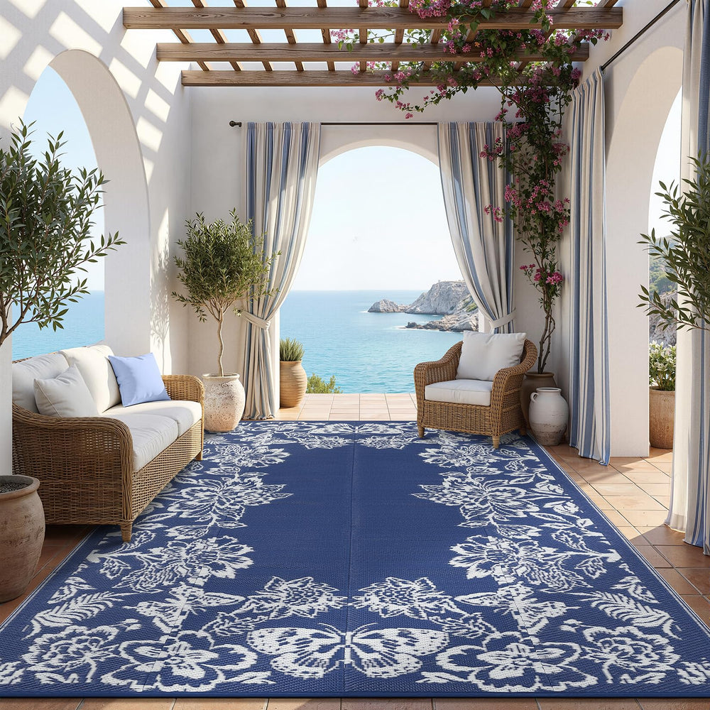 Garvee Outdoor Rug 9' x 12' navy and white front view