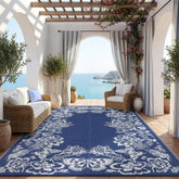 Garvee Outdoor Rug 9' x 12' navy and white front view