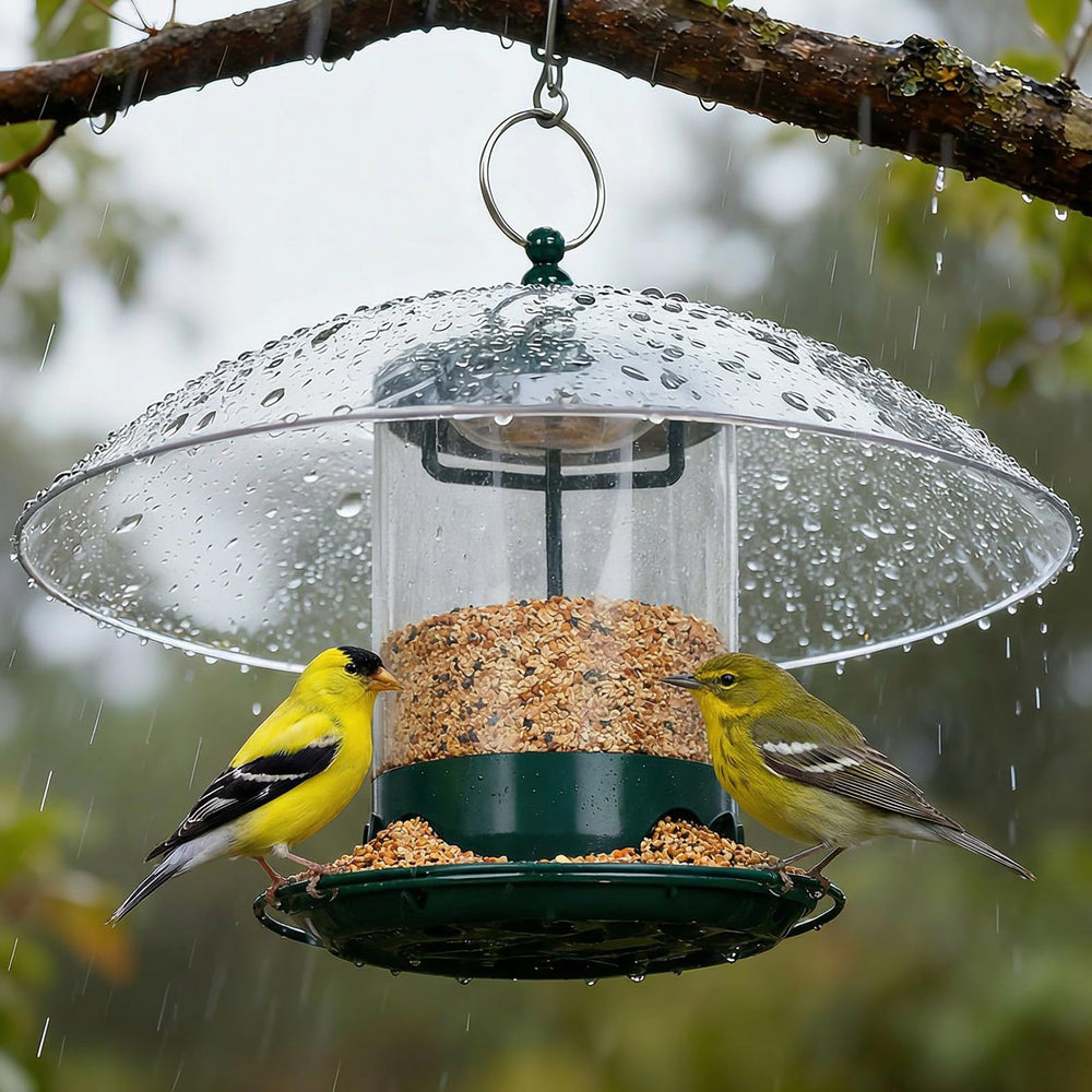 Gbekery Metal Bird Feeder with 12-inch transparent dome, front view